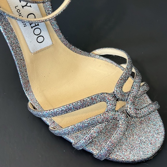 JIMMY CHOO Mimi Silver Glitter Strapped High Heels - Picture 5 of 6